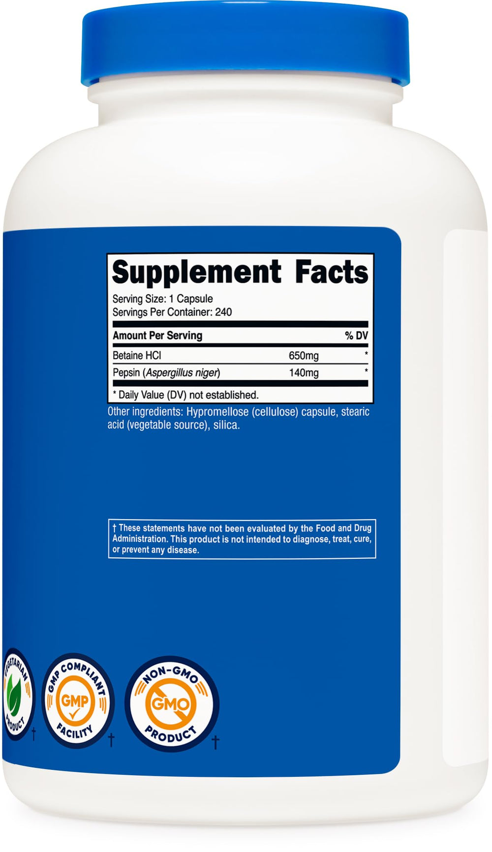 Nutricost Betaine HCl + Pepsin 790mg 240 capsules bottle