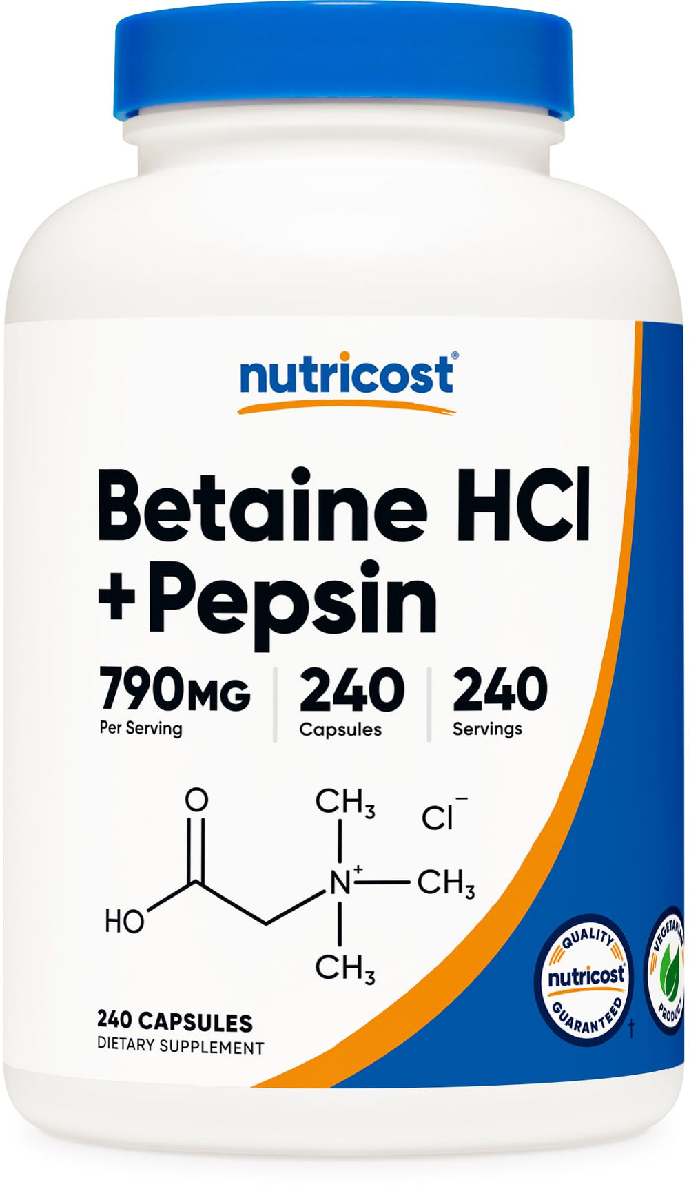 Product front view of Nutricost Betaine HCl + Pepsin 790mg 240 capsules