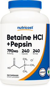 Product front view of Nutricost Betaine HCl + Pepsin 790mg 240 capsules