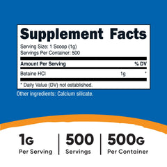 Nutricost Betaine HCl Powder 500g – back of bottle