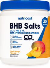 Nutricost BHB Salts Drink Mix bottle shows Peach Mango flavor for a refreshing energy option.