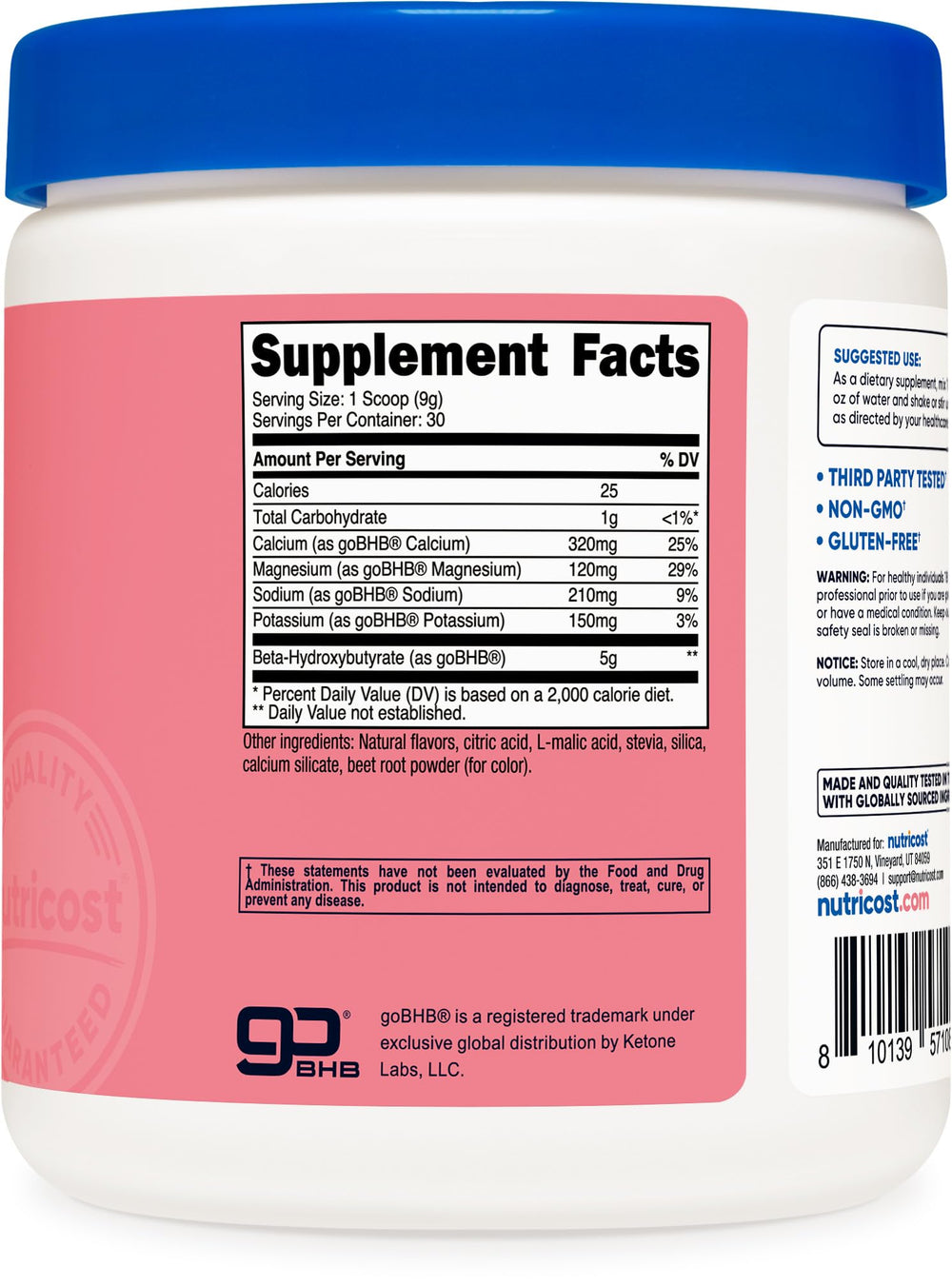 Close-up of 5g BHB per serving on Nutricost Drink Mix