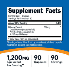 Close-up of Bilberry capsules showing 1200mg equivalent per serving