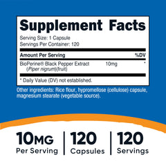 Close-up of Bioperine 10mg per serving label