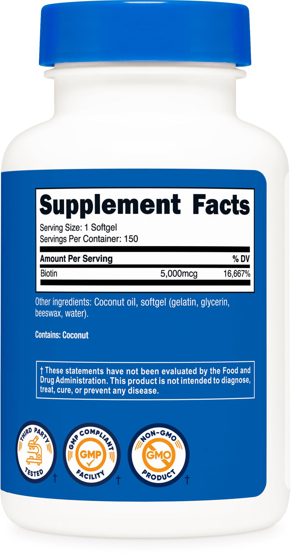 Third-party tested GMP facility seal on Biotin bottle