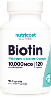 Nutricost Biotin for Women bottle label 10,000 mcg, 120 capsules