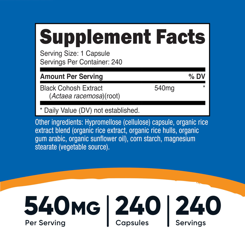 Back label showing supplement facts on Nutricost Black Cohosh bottle