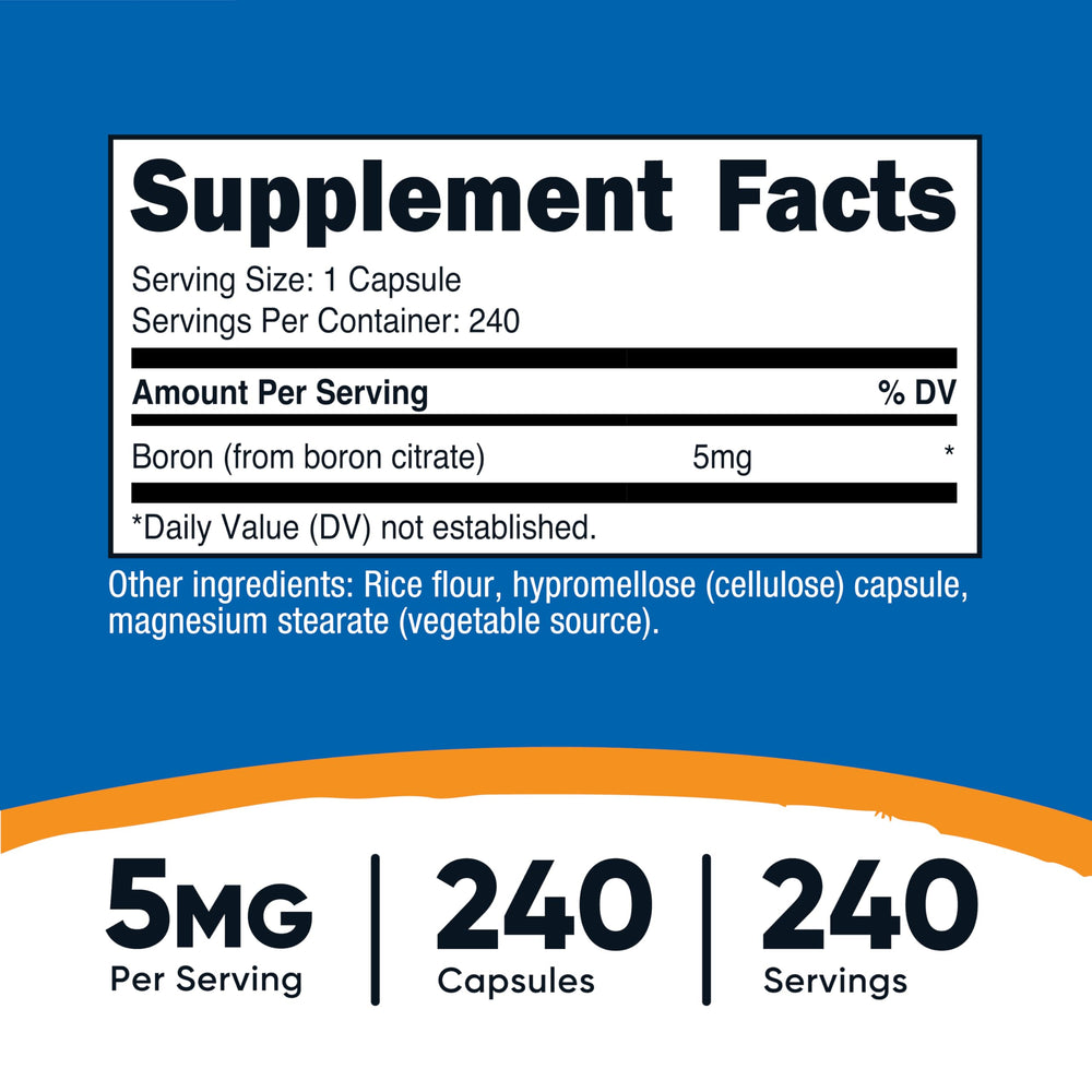 Close-up of Nutricost Boron 5mg bottle label showing 240 capsules