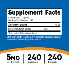 Close-up of Nutricost Boron 5mg bottle label showing 240 capsules