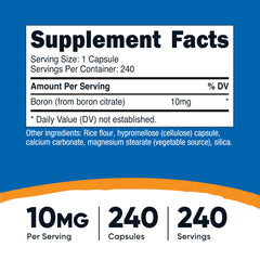 Nutricost boron capsules bottle label shows 10 mg per serving for easy dosing.