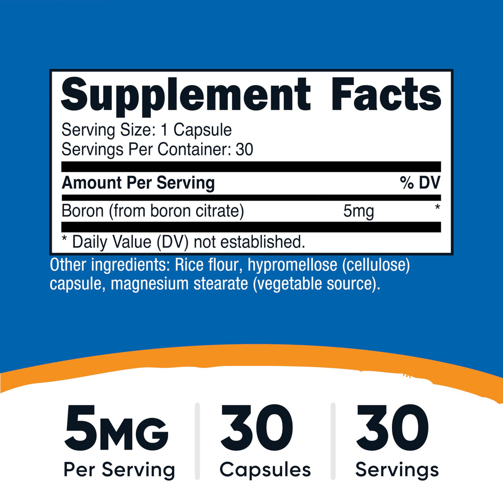 Product packaging and labeling for Nutricost Boron capsules