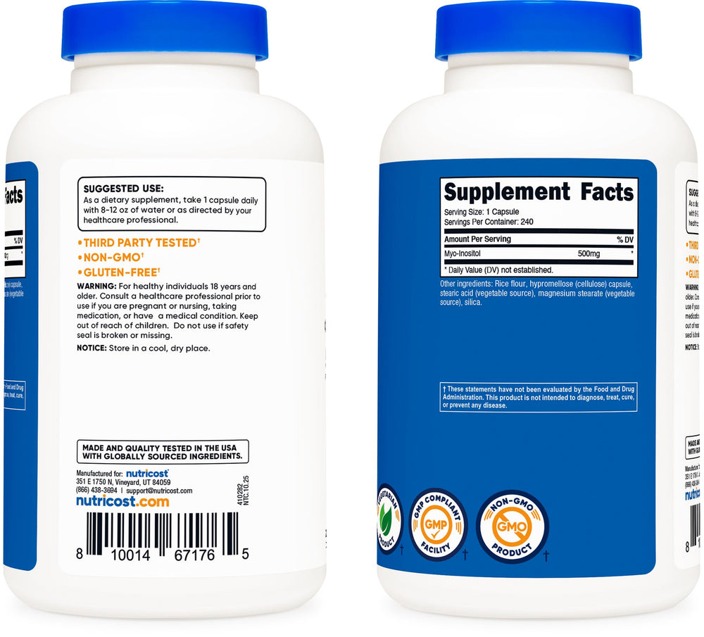 Nutricost bottle label detail highlighting myo-inositol potency and certification marks