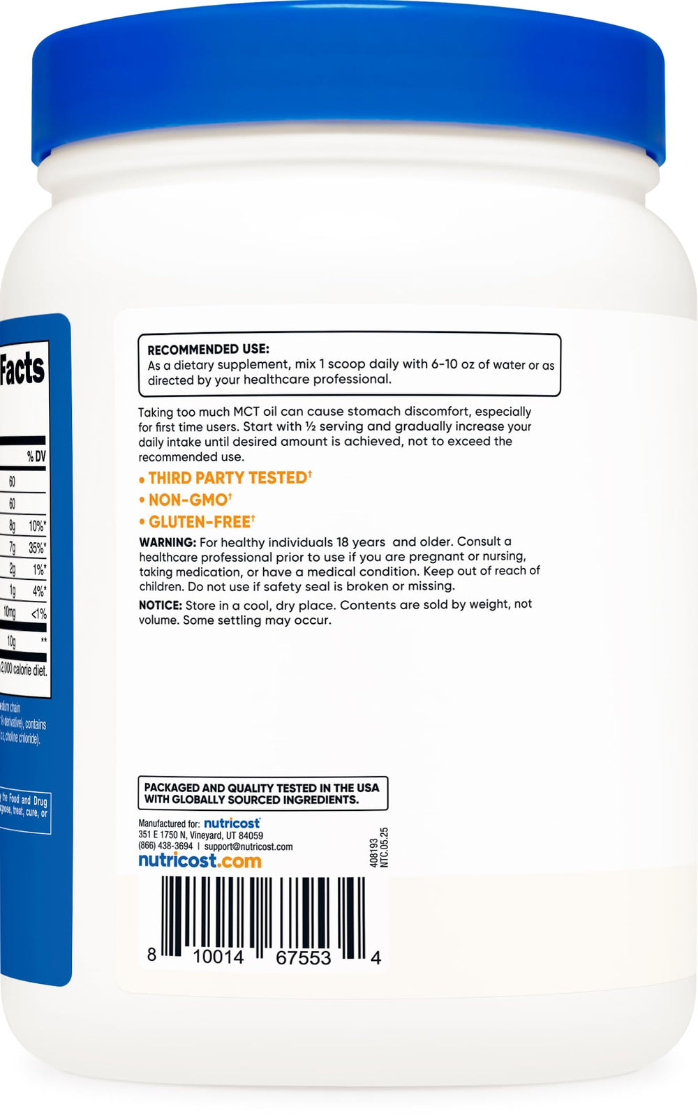 Packaging of Nutricost C8 MCT Oil Powder 1LB (16.2oz)