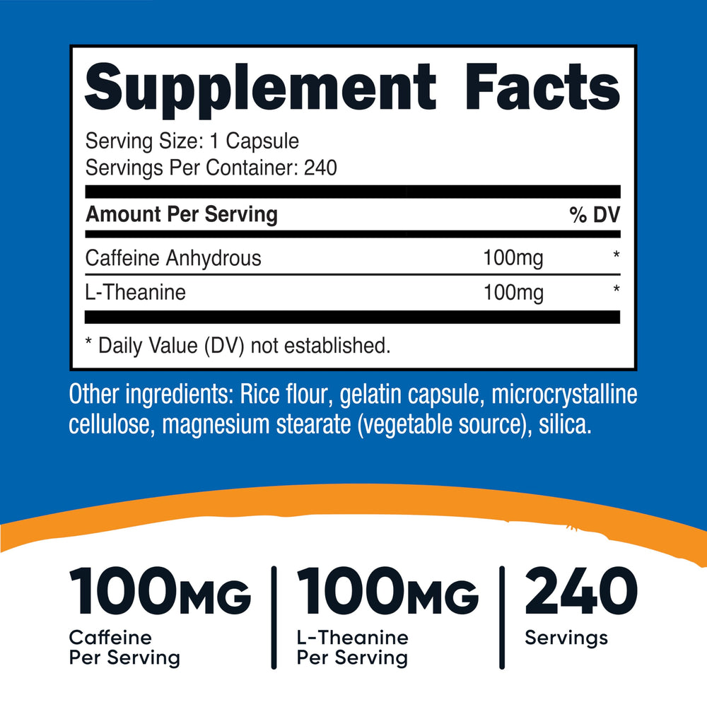 Label showing 100 mg caffeine and 100 mg L-Theanine per serving