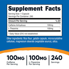Label showing 100 mg caffeine and 100 mg L-Theanine per serving