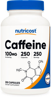 Nutricost Caffeine Pills bottle with 100mg per serving label