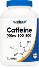 Nutricost Caffeine Pills bottle, 100mg per capsule, 500 capsules