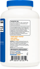 Bottle with label showing '100mg caffeine per capsule' and 500 capsules