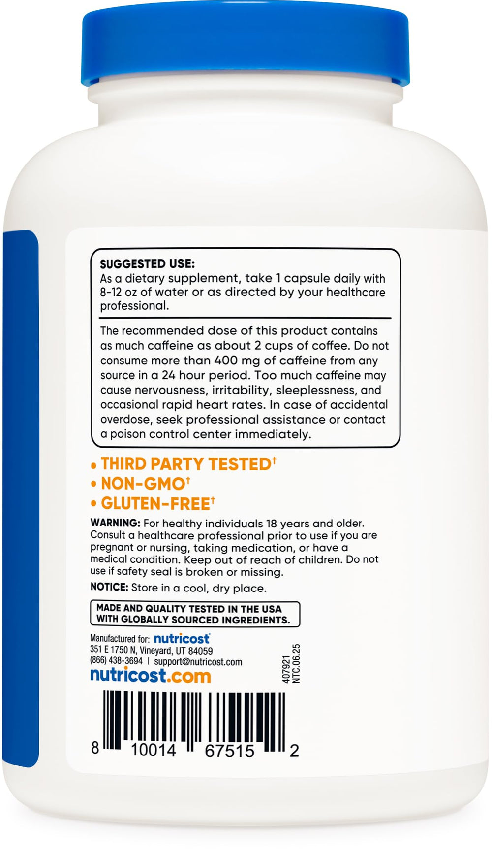 Nutricost Caffeine Pills packaging on a store shelf