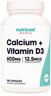 Nutricost Calcium 600mg + Vitamin D3 12.5mcg bottle for women