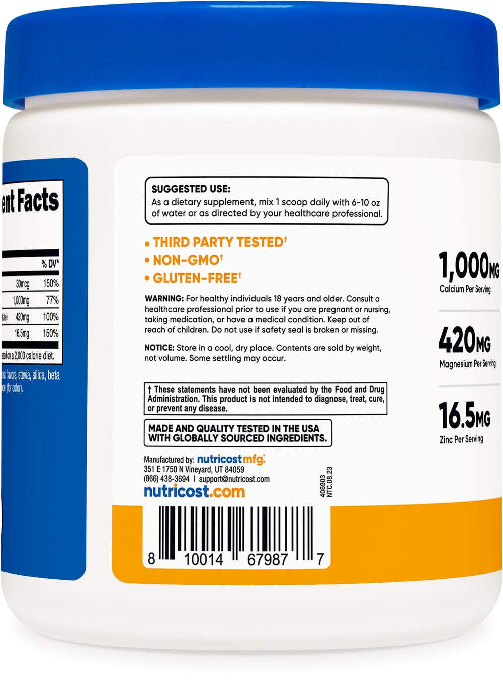 Nutricost bottle displaying Gluten-Free, Non-GMO, and GMP-compliant indicators
