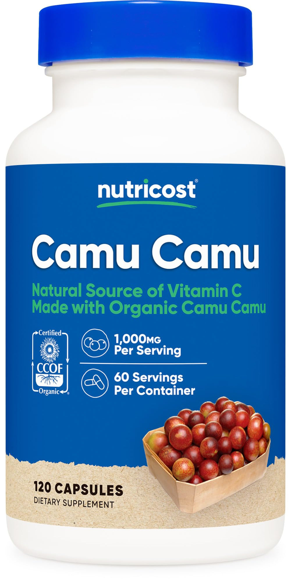 Front view of Nutricost Camu Camu 1000mg bottle with 120 capsules