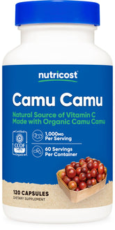 Front view of Nutricost Camu Camu 1000mg bottle with 120 capsules