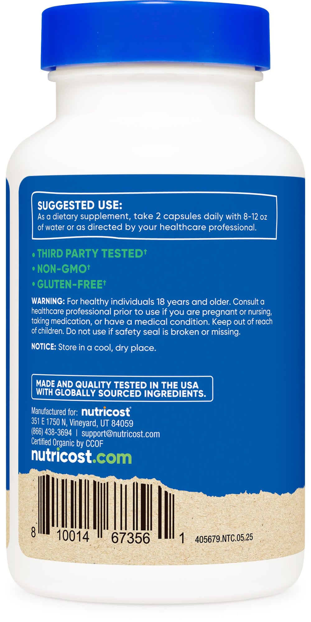 Ingredients and certification details on Nutricost Camu Camu label