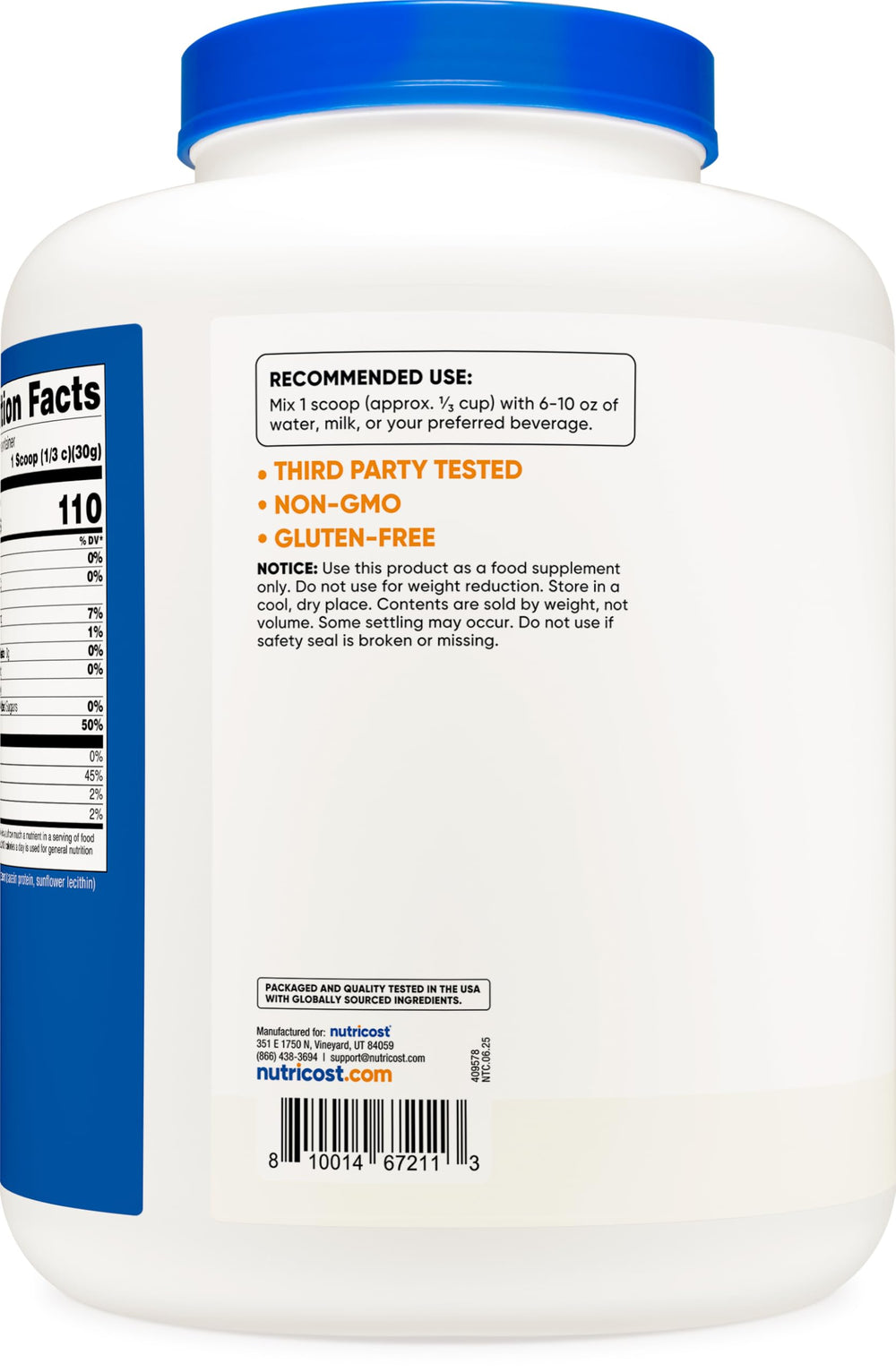 Nutrition facts panel on Nutricost Casein Protein Powder 5lb label