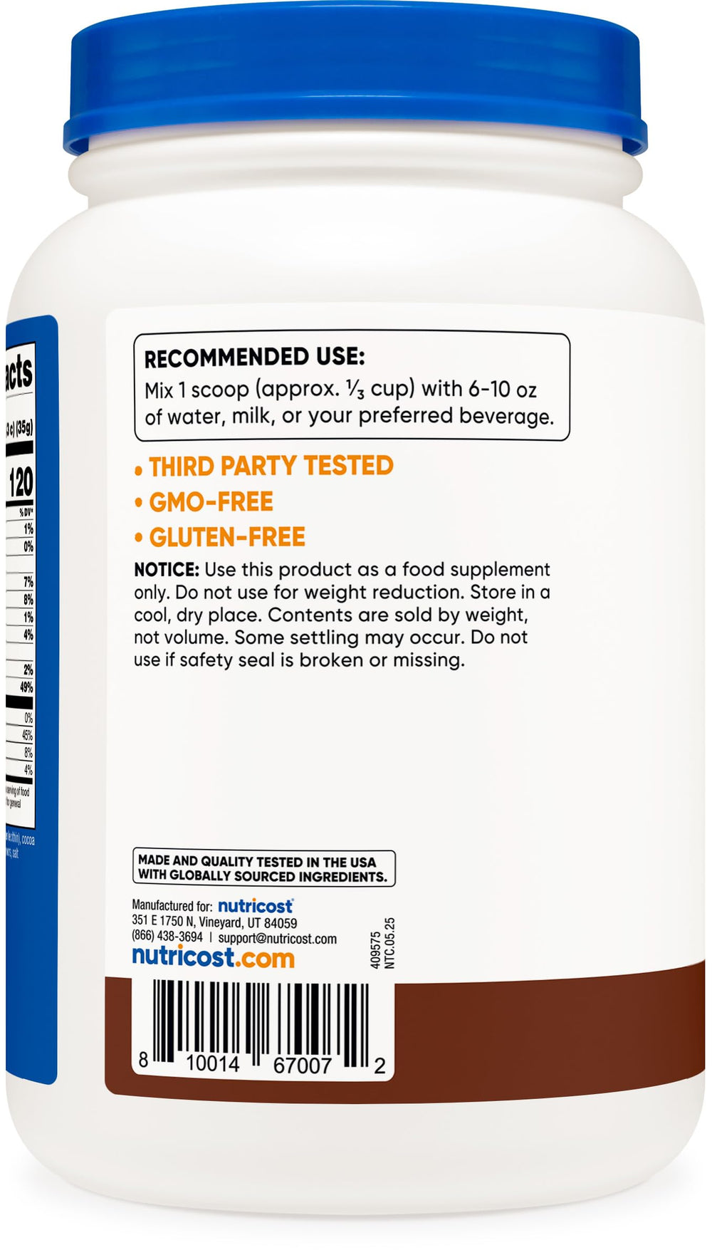 Serving size and protein per serving on Nutricost Casein Powder