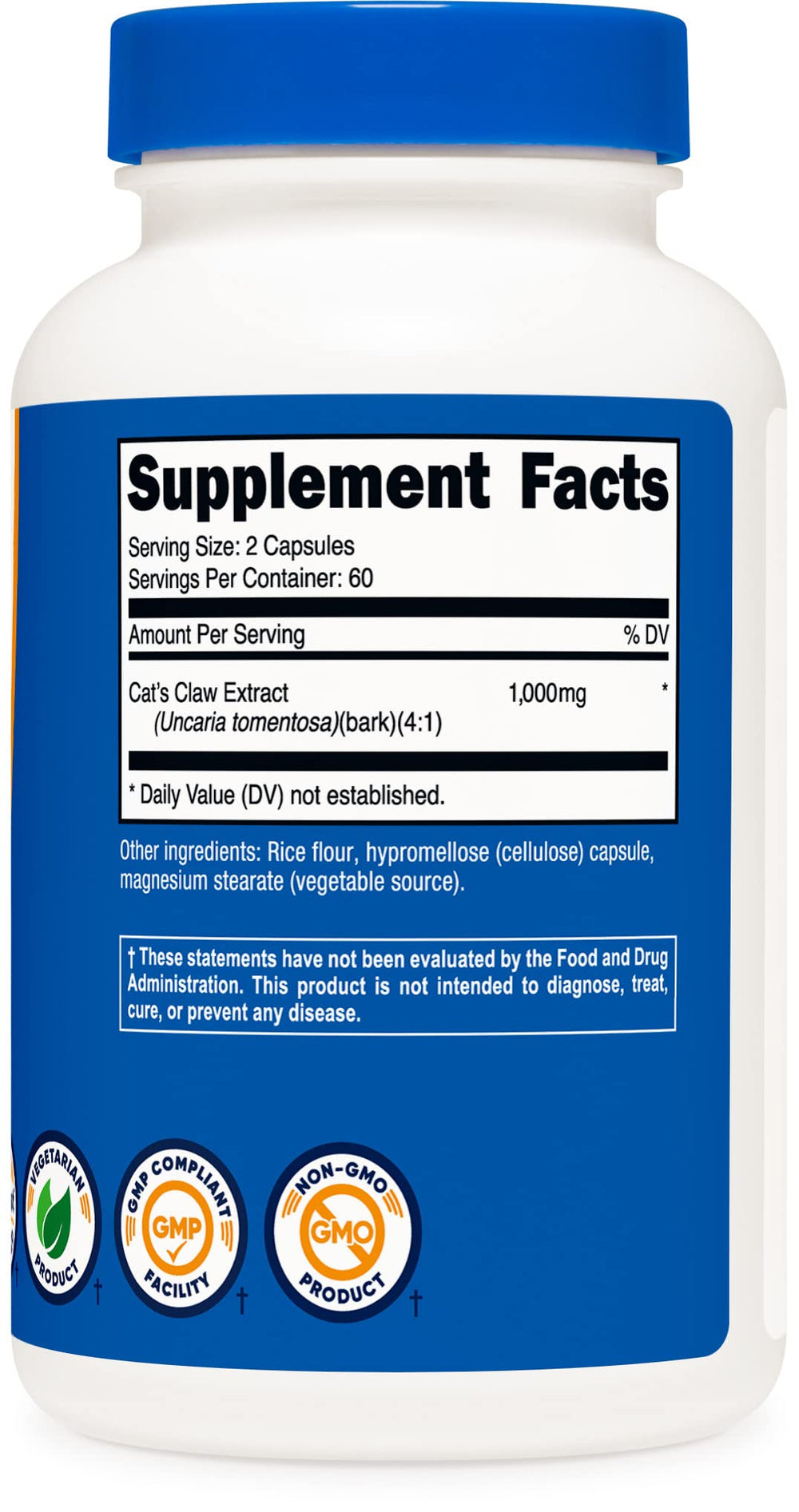 Serving size graphic: 2 capsules per serving, 60 servings per bottle