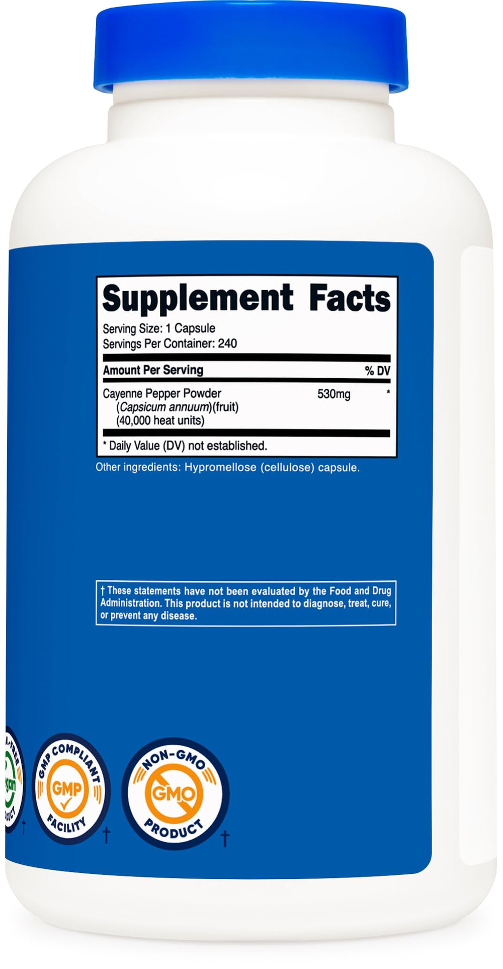 Gluten Free and Non-GMO certification on Nutricost cayenne pepper packaging