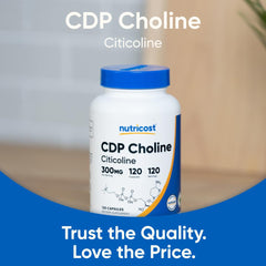 Nutricost CDP Choline bottle with label and 120 servings