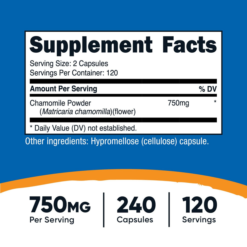 Close-up of Nutricost Chamomile 750mg capsules