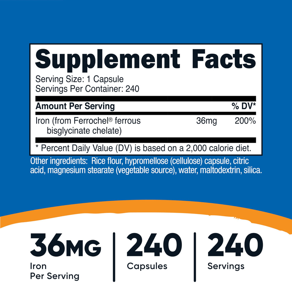 Nutricost Ferrochel label showing 36 mg iron per capsule