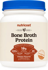 Nutricost Chicken Bone Broth Protein tub showcasing savory flavor ready to stir into meals.