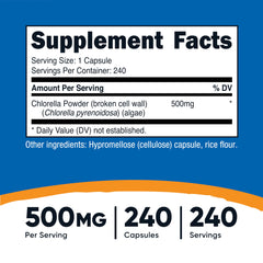 Close-up of Nutricost Chlorella label showing 500 mg