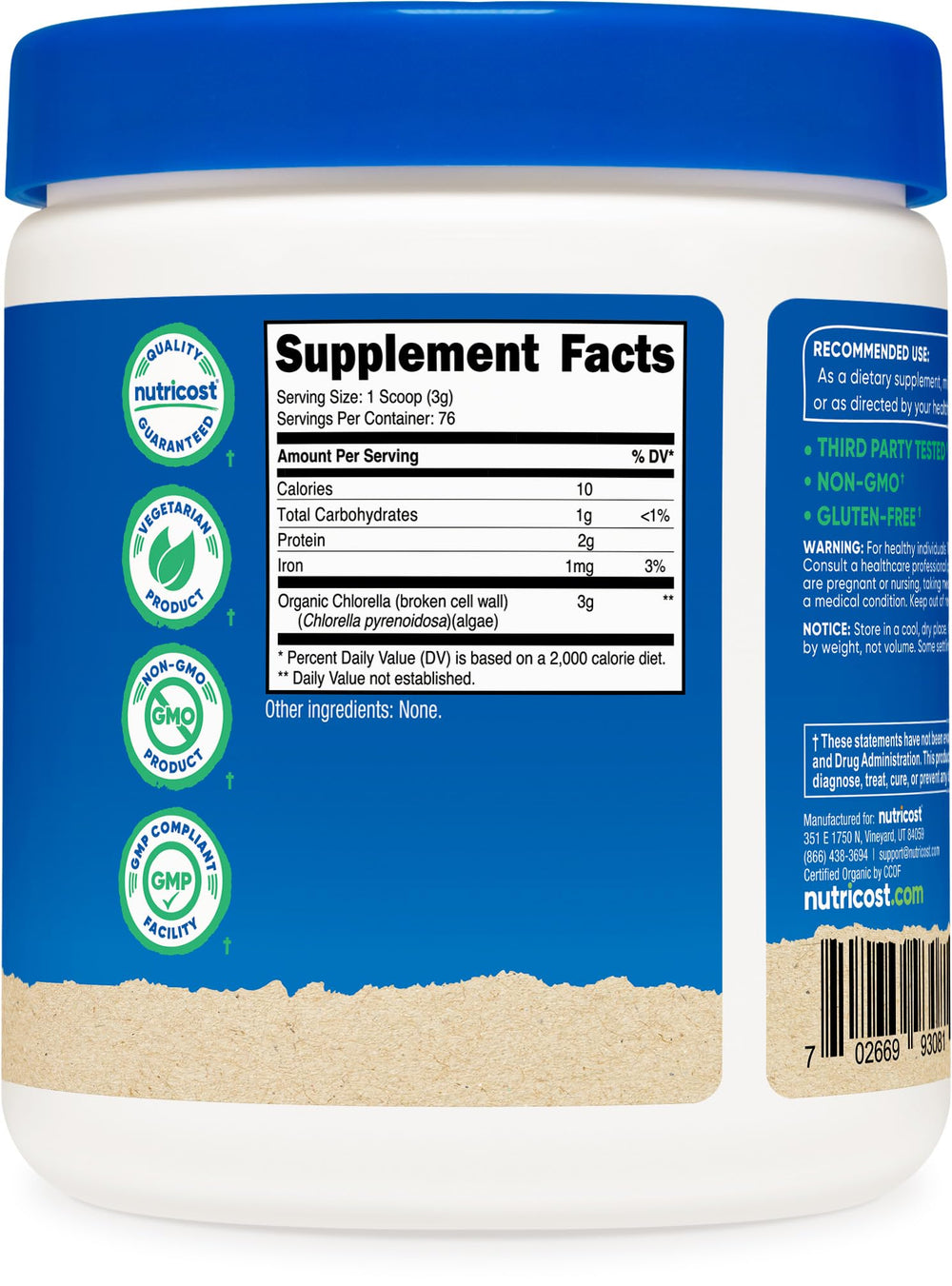 Non-GMO gluten-free Nutricost Chlorella powder label