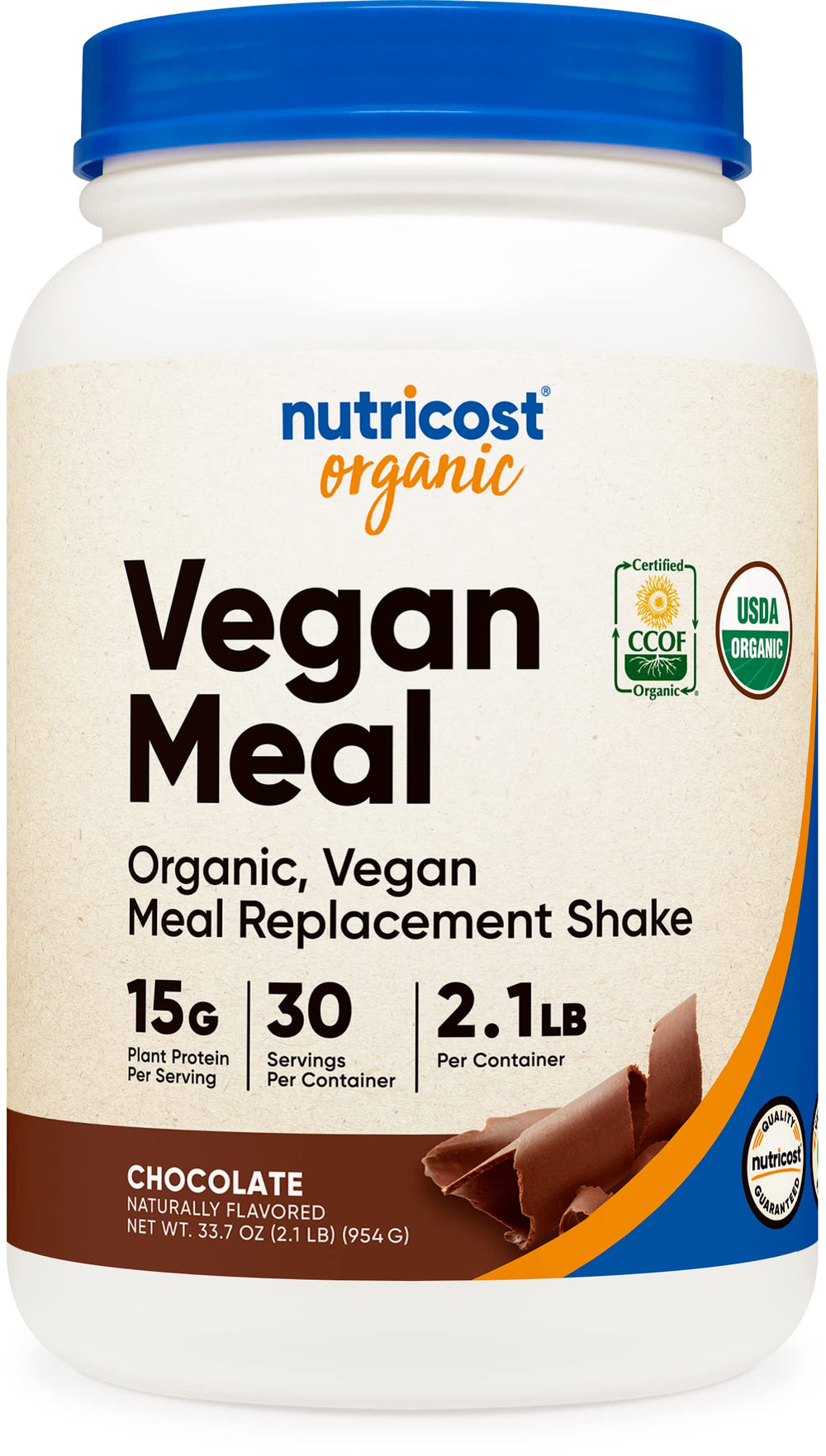 Nutricost chocolate bottle pour displaying a smooth vegan meal replacement on the go