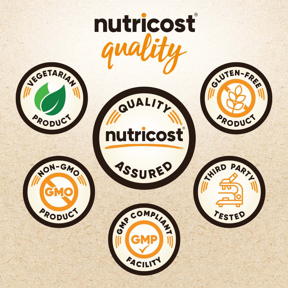 Nutricost chocolate ingredients panel highlighting organic, non-GMO, gluten-free features
