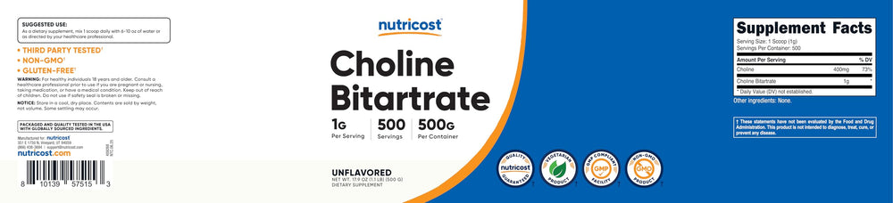 ISO-accredited third-party testing label on Nutricost Choline Bitartrate 500g package