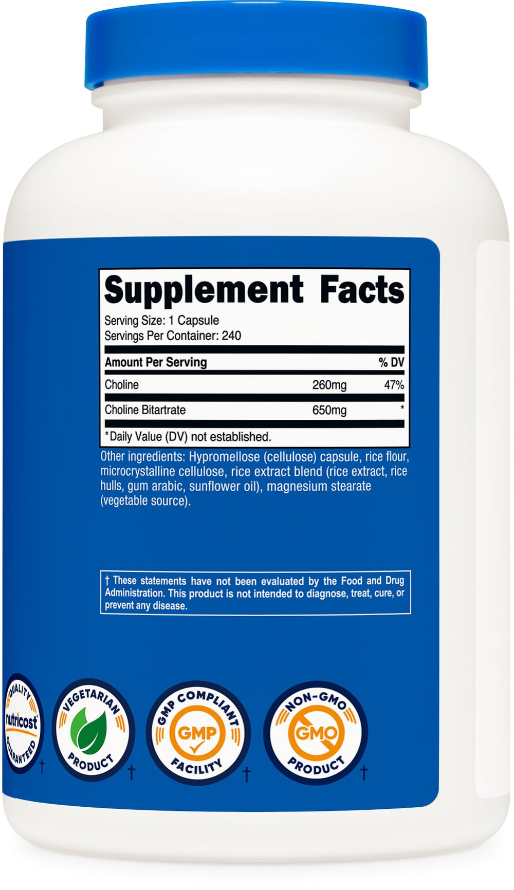 Front packaging of Nutricost Choline Bitartrate bottle