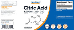 Back of Nutricost Citric Acid bottle with supplement facts