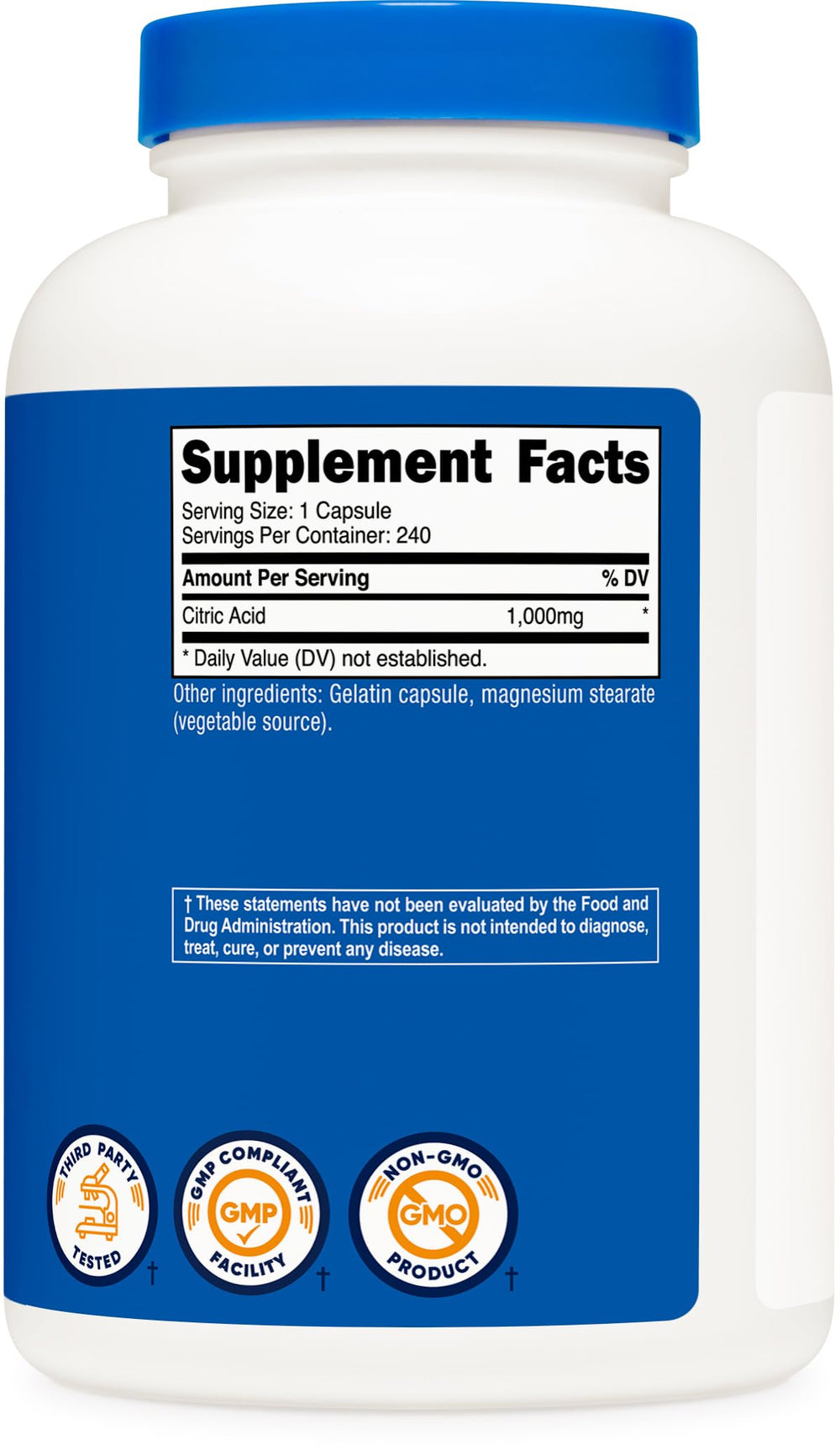 Close-up of Nutricost Citric Acid capsules (1g)