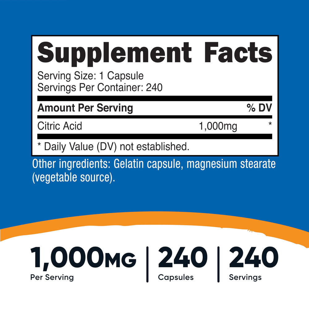 Bottle label close-up for Nutricost Citric Acid 1000mg - 240 capsules