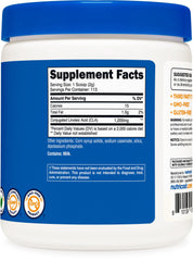 Packaging showing GMO-free and gluten-free features of Nutricost CLA powder