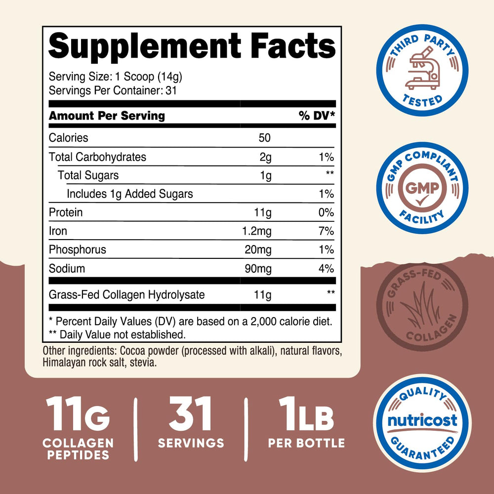 Nutricost Collagen Peptides 1lb chocolate bottle side view