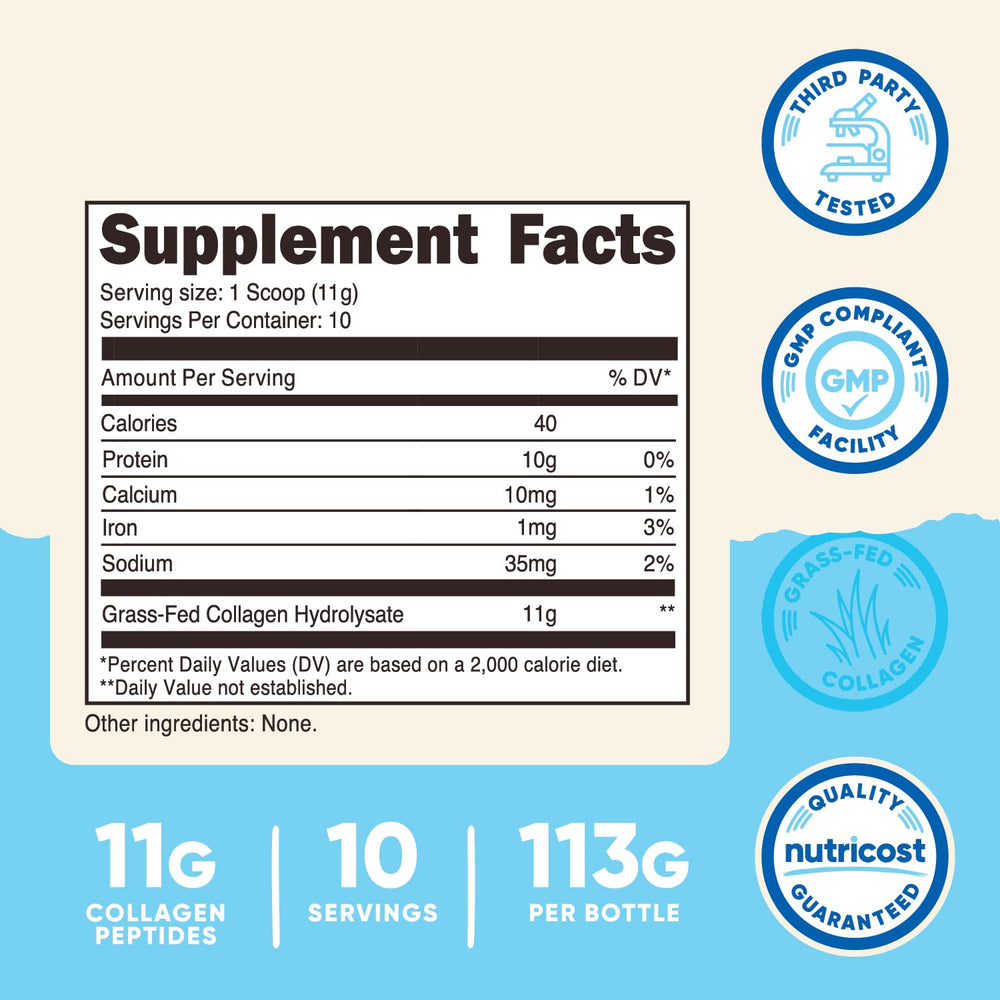 Back label of Nutricost Collagen Peptides Powder 4 oz Unflavored