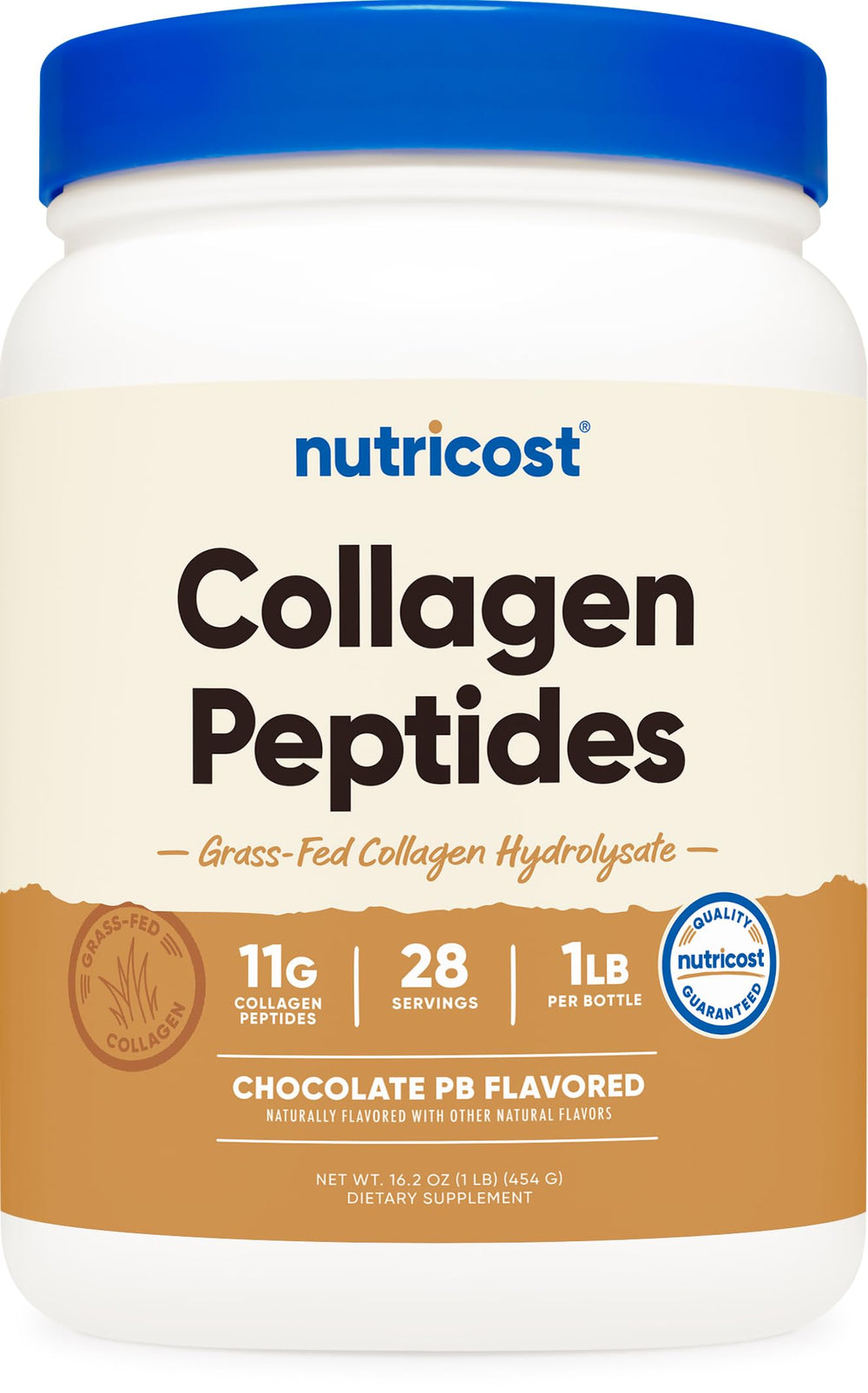 Front view of Nutricost Collagen Peptides Powder Chocolate Peanut Butter flavor, 1 lb