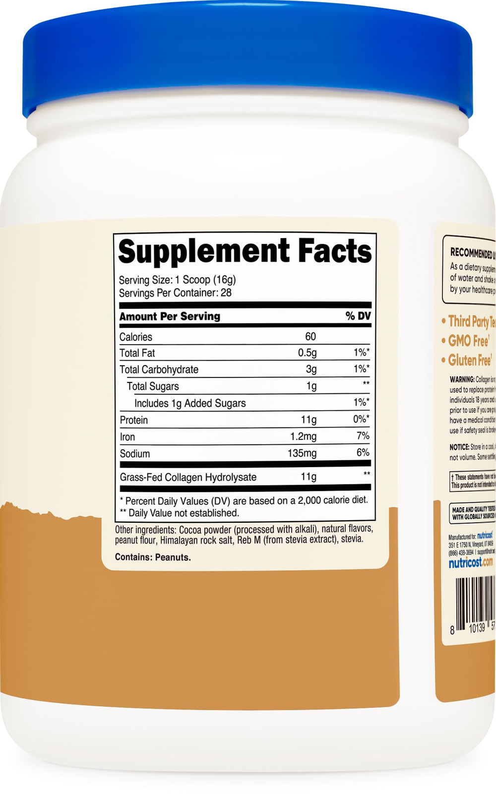 Ingredients list for Nutricost Collagen Peptides Powder Chocolate Peanut Butter flavor, 1 lb